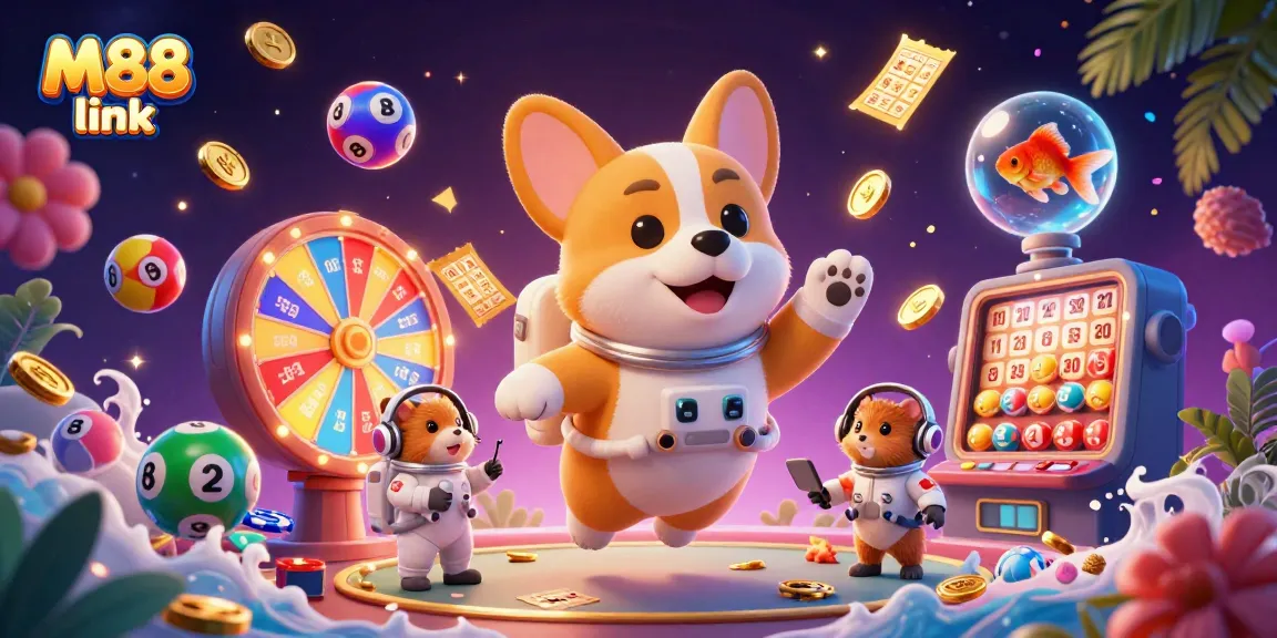 Engage with M88 link through a lively casino scene showcasing colorful lottery balls and characters.