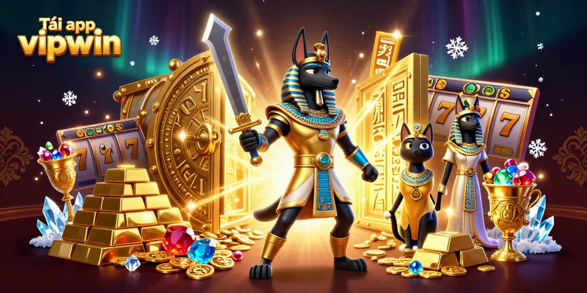 Tải app vipwin to claim ancient treasures with Anubis and Bastet among rich casino elements.