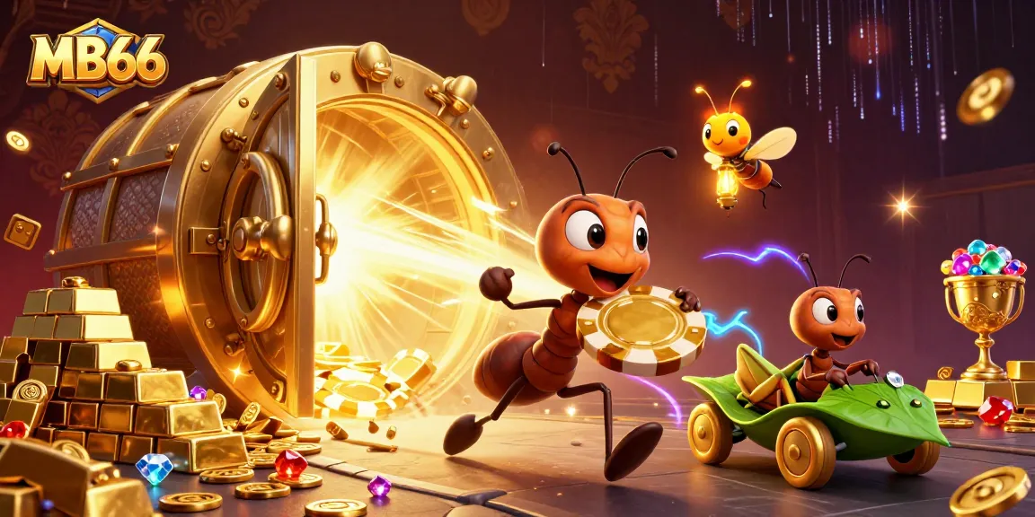 Experience the excitement of MB66 casino with a cartoon heist scene filled with poker chips and treasures.