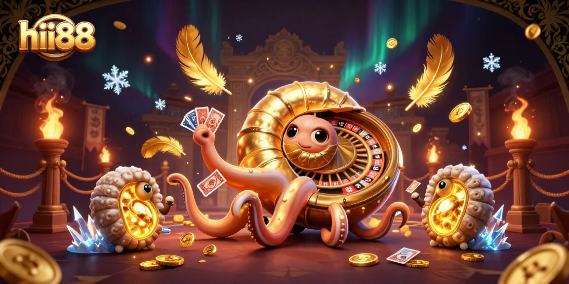 Experience thrilling moments with hii88 as a giant nautilus spins the roulette wheel amidst gold coins and glowing ammonites.