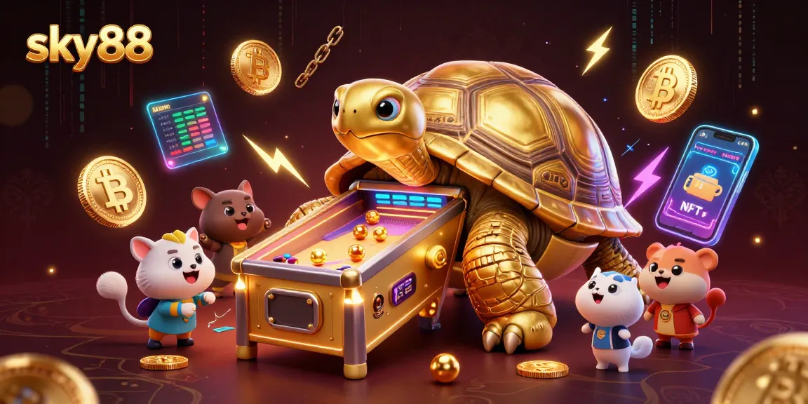 Experience excitement at sky88 with a colossal tortoise pinball machine and vibrant crypto elements.