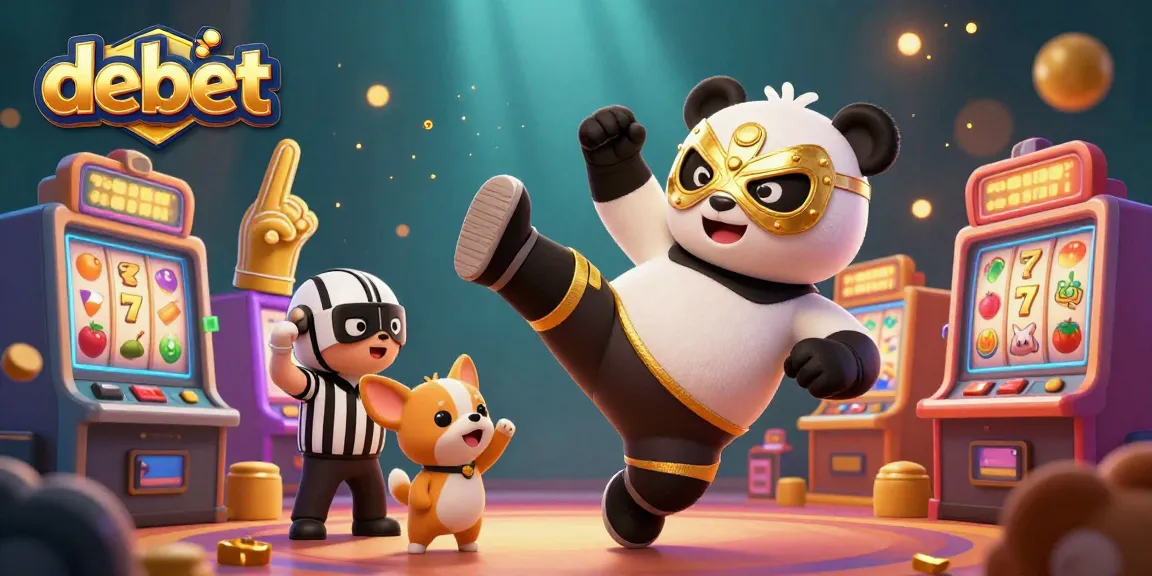 Engage in the debet action with a panda wrestler flying amid golden slot machines and cheering fans.