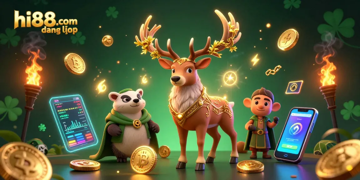 Spin and win with hi88.com đăng nhập, featuring Celtic stag and crypto elements in a vibrant scene.