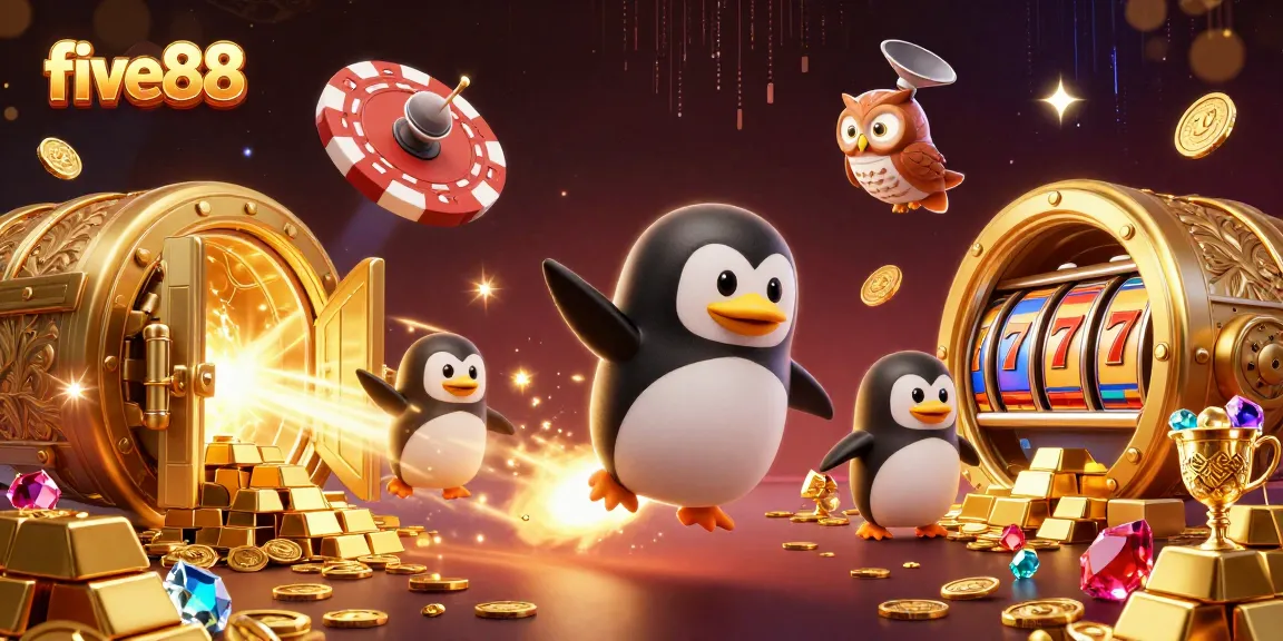 Celebrate excitement at five88, featuring a vibrant casino scene with golden penguin and jewels!