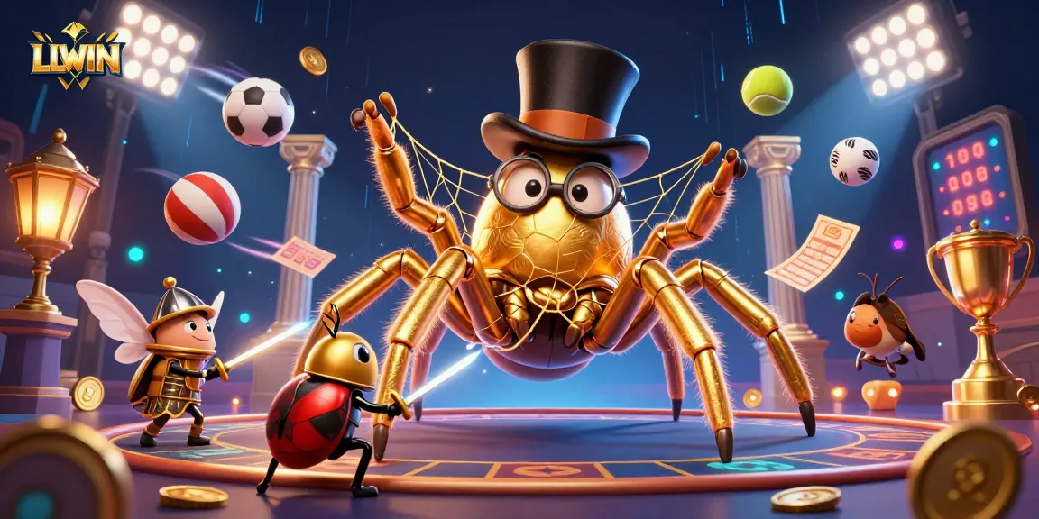LLWIN presents an exciting 3D casino scene with a golden tarantula and beetle knight amid dynamic gambling elements.