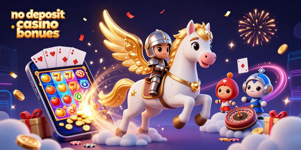 No deposit casino bonuses illustrated with a celestial white horse, a knight, and vibrant slot game elements.