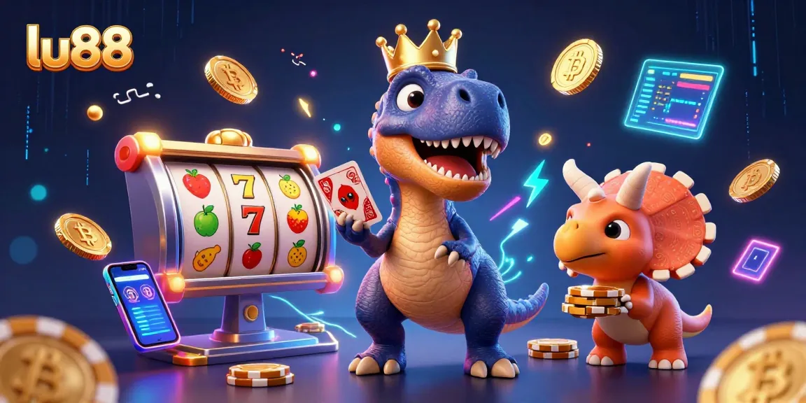 Experience the excitement of lu88 with dinosaurs shuffling cards and stacking chips in a dynamic casino setting.
