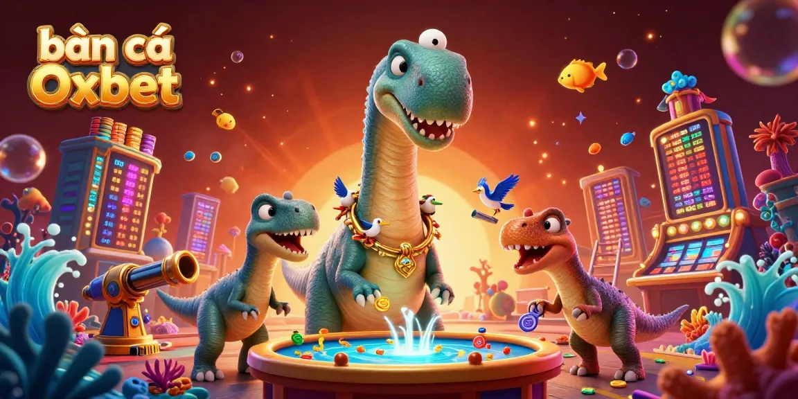bắn cá Oxbet brings vibrant fish shooting action with a cartoon brontosaurus running a game table