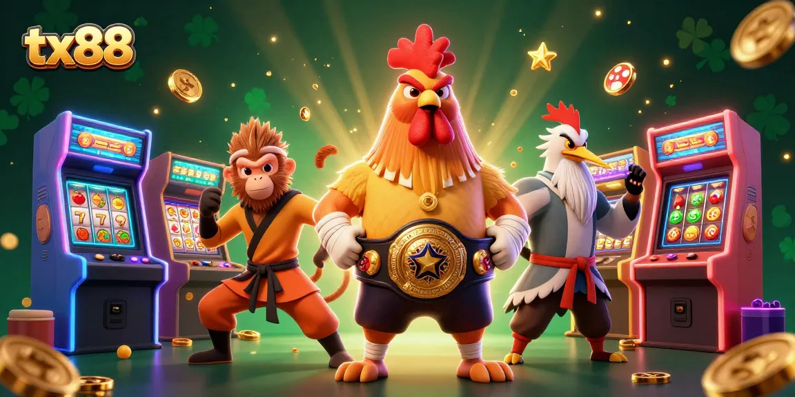 Engage with the captivating tx88 illustration depicting a Muay Thai rooster and Shaolin monkey amidst slot games.