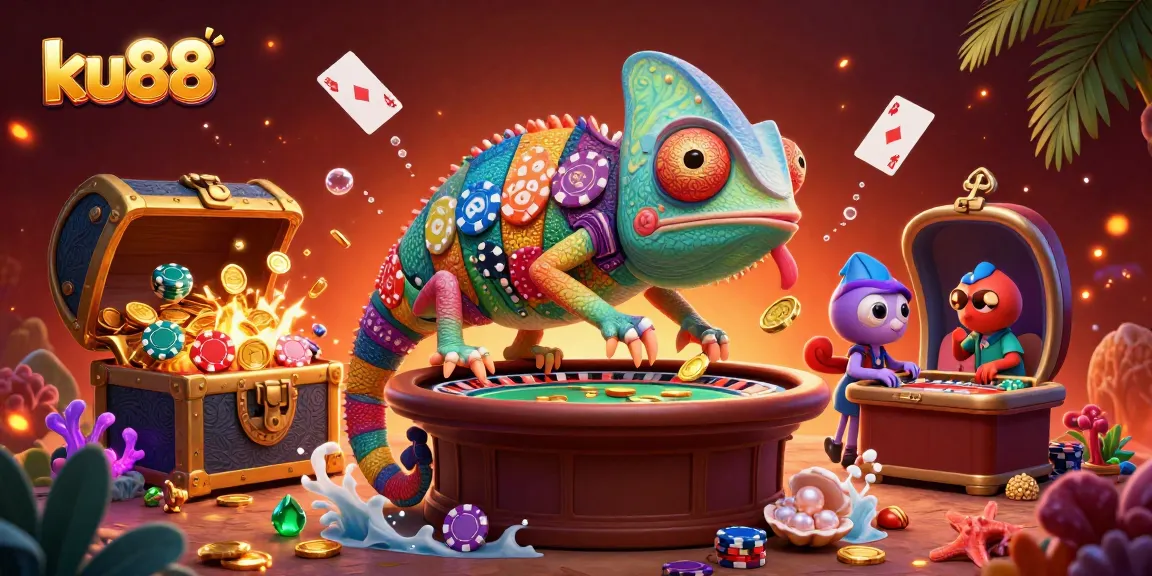 ku88 captures the vibrant chaos of a casino scene with a colorful chameleon owner and treasure elements