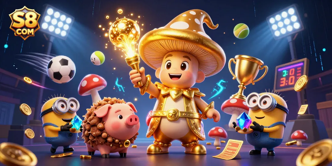 Engage with S8 COM at a vibrant casino adventure with treasure-hunting characters and sports elements.