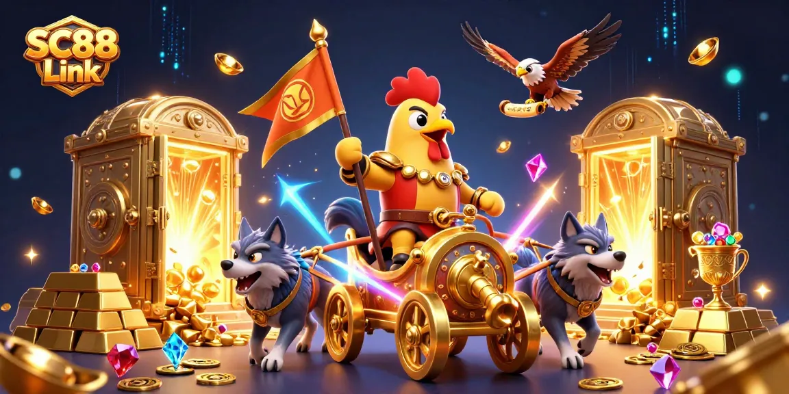 Engage in epic wins with SC88 Link featuring a rooster warlord and treasures galore in a 3D casino realm.