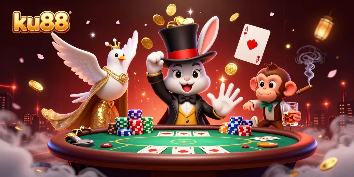 Experience the excitement of ku88 with a whimsical scene featuring a magician rabbit, poker chips, and vibrant game elements.