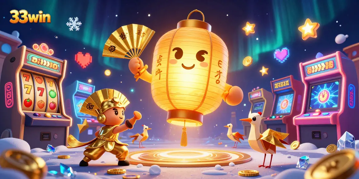 Engage with 33win in a vibrant casino scene featuring a glowing lantern spirit and dynamic slot games.