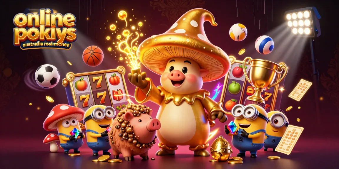 Engage with online pokies Australia real money in a vibrant 3D scene, featuring magic, treasure, and gaming excitement.