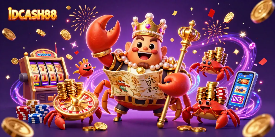 IDCASH88 showcases a vibrant 3D scene with golden crab emperor, slot machines, and dynamic casino elements.