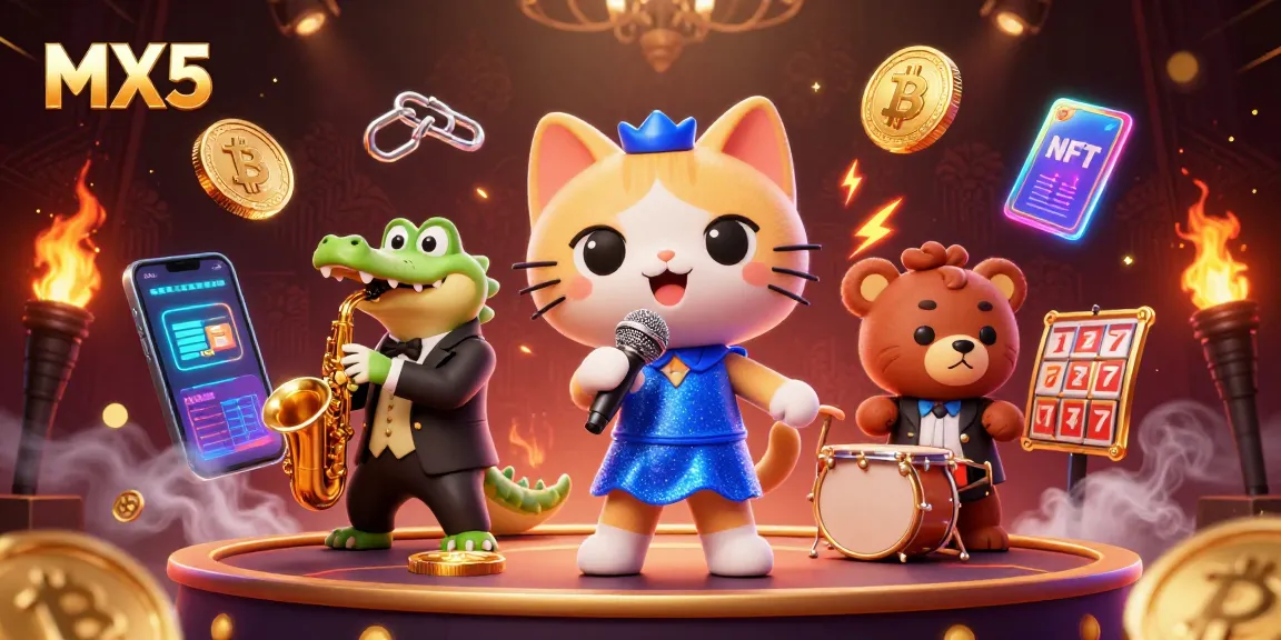 Experience the thrill of MX5 with a vibrant casino scene featuring characters and crypto elements.