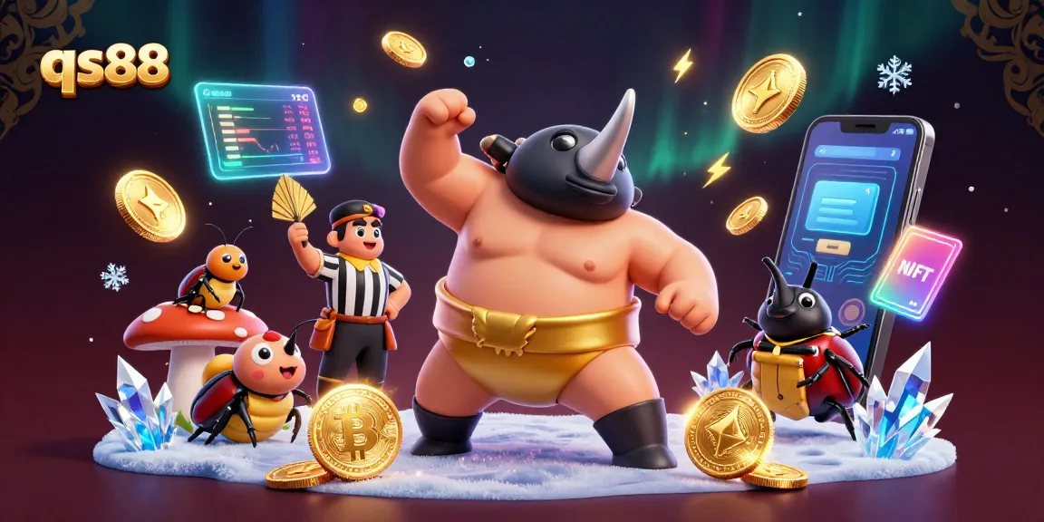 Experience qs88 excitement as a sumo beetle champion stomps, sending coins flying in a vibrant scene.