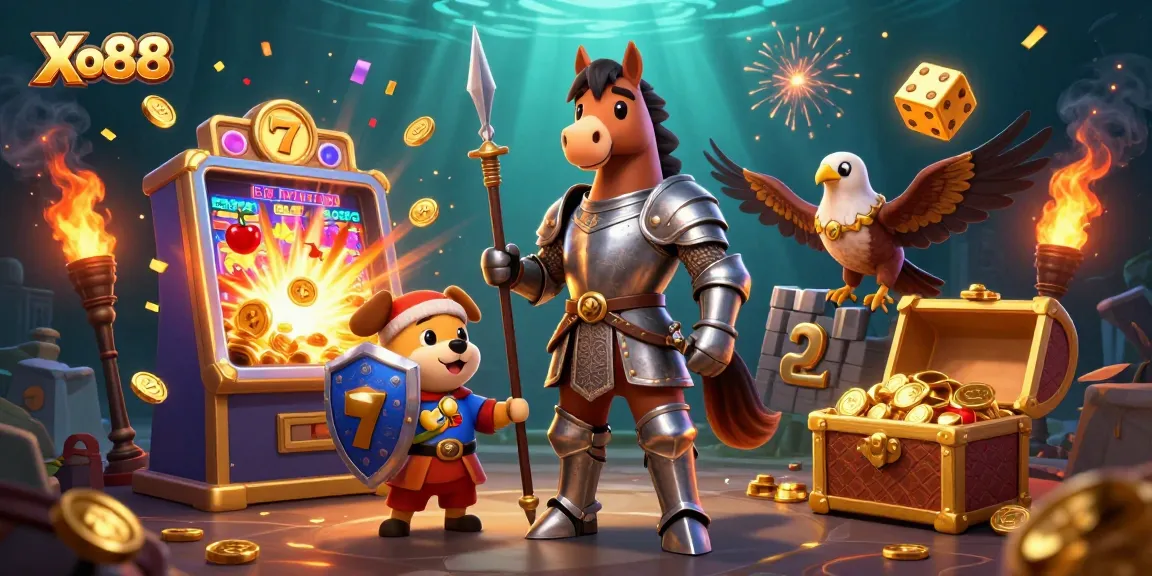 Xo88 casino adventure with knights, pets, and jackpots colliding in a vibrant 3D illustration.