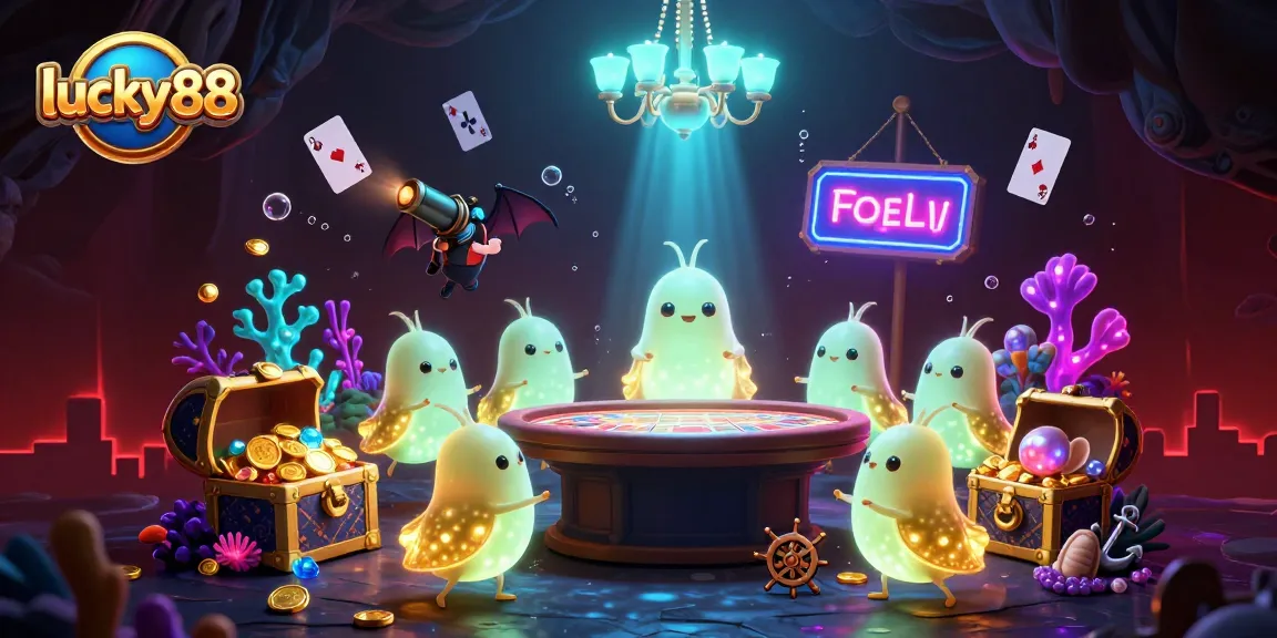 Experience lucky88's thrilling cave casino illuminated by glowworms and a bat dealer in a vibrant underwater scene.