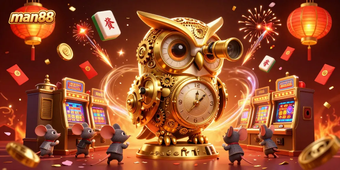 Experience the exciting world of man88 with a vibrant 3D casino scene showcasing a clockwork owl and festive elements.