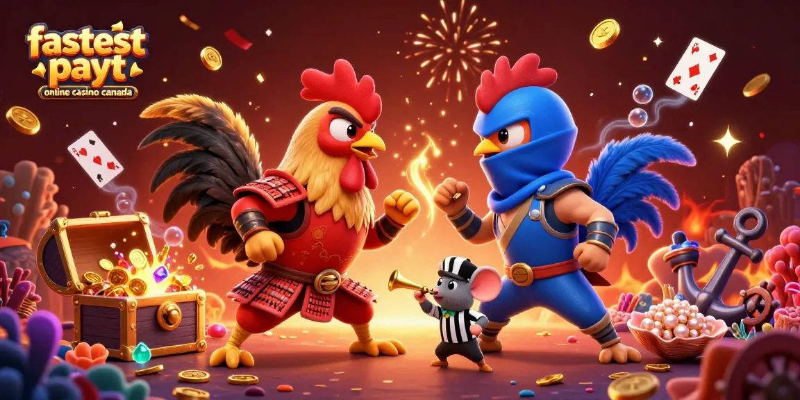 Engage in the fastest payout online casino Canada experience with dynamic rooster duel and casino elements.