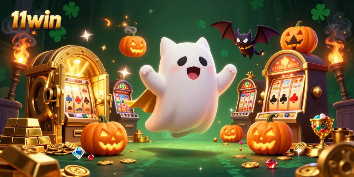 Experience 11win's thrilling haunted casino with ghostly characters, glowing treasures, and vibrant slot machines.