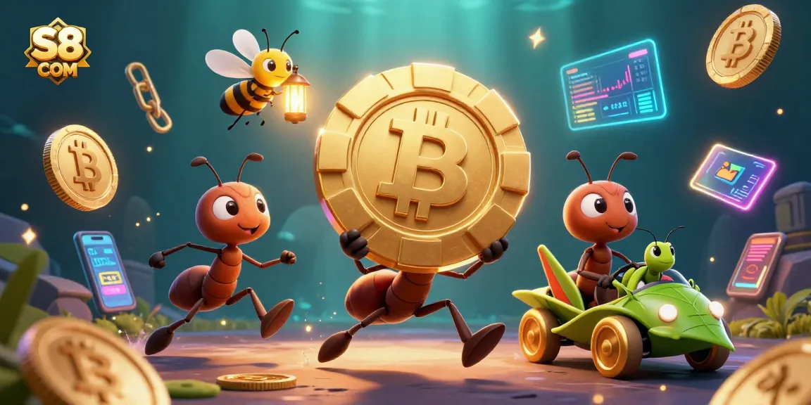 S8 COM engages players with a thrilling heist scene featuring ants and vibrant crypto elements.