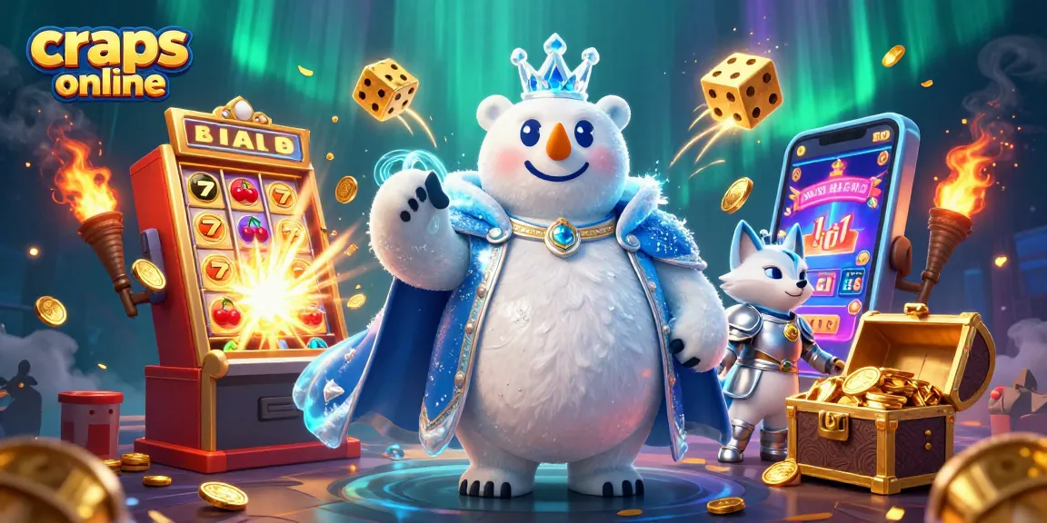 Play craps online with excitement, featuring unique characters amidst vibrant casino elements.
