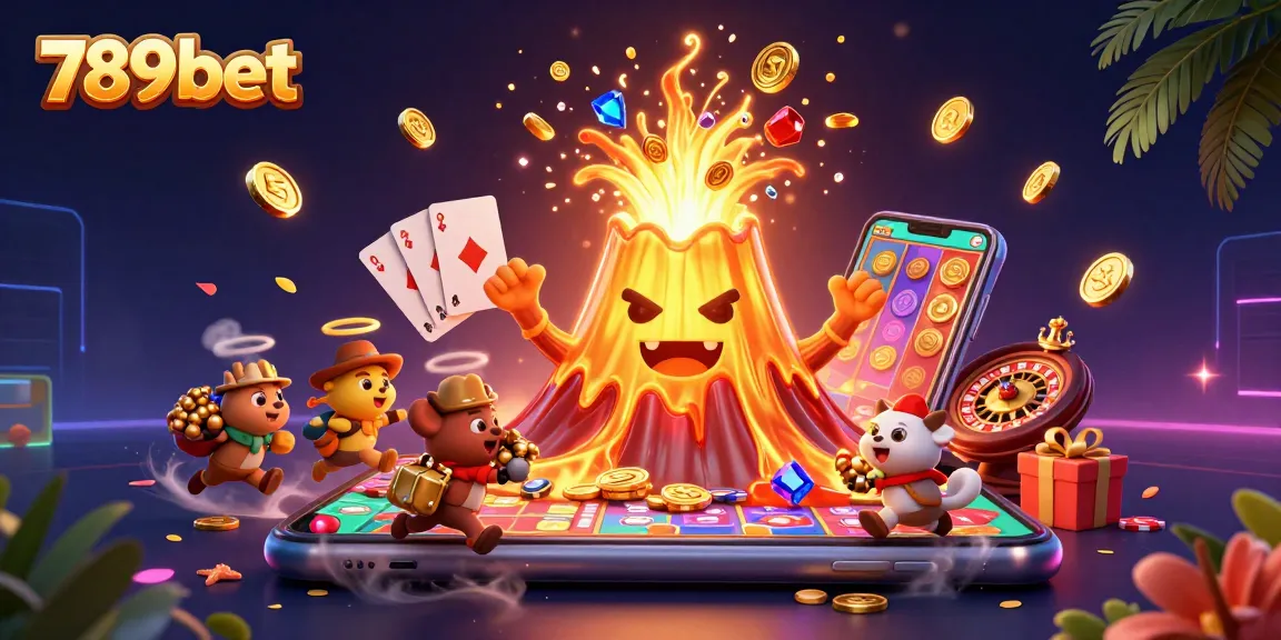 Experience thrilling moments with 789bet as a golden volcano erupts coins in a vibrant casino scene.