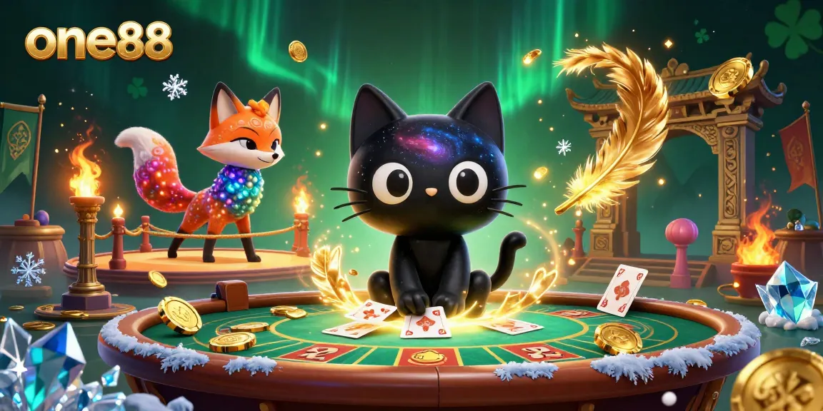 Engage with one88 in this vibrant cosmic casino scene featuring a charming black hole cat.
