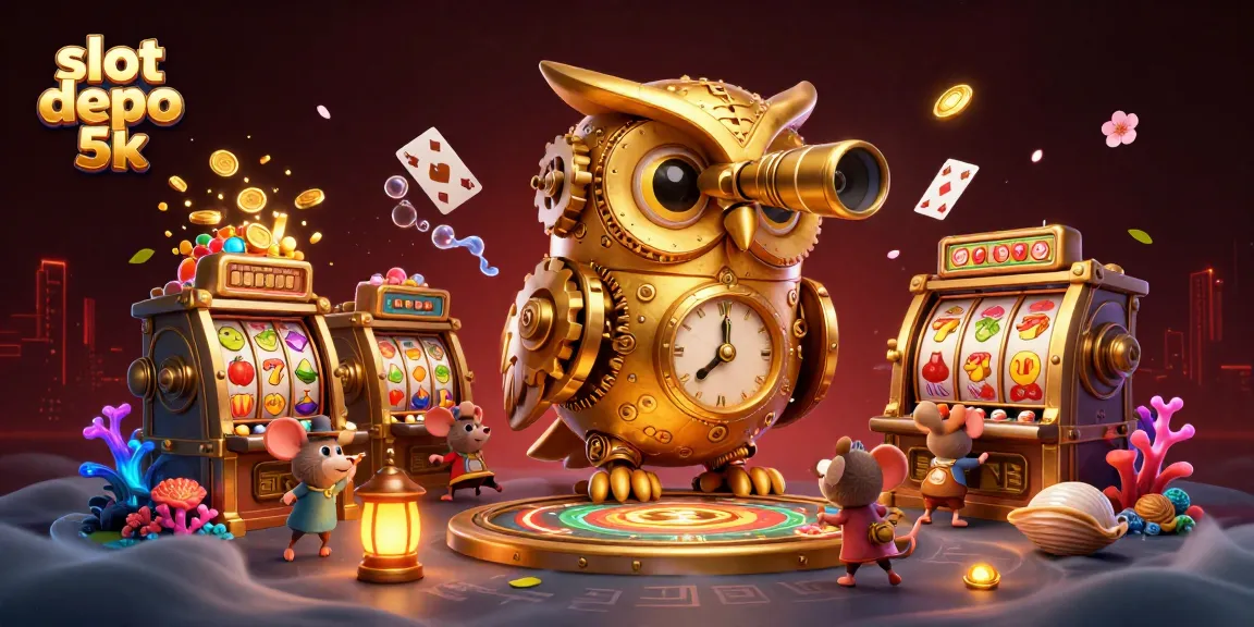 Engage with the lively slot depo 5k scene showcasing vibrant slot machines, a golden owl, and energetic patrons.