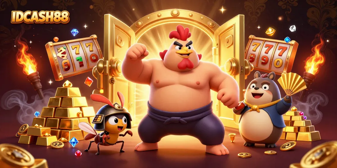 Engage with IDCASH88 in a vibrant 3D casino scene featuring a powerful sumo rooster and treasures, guaranteed thrills!