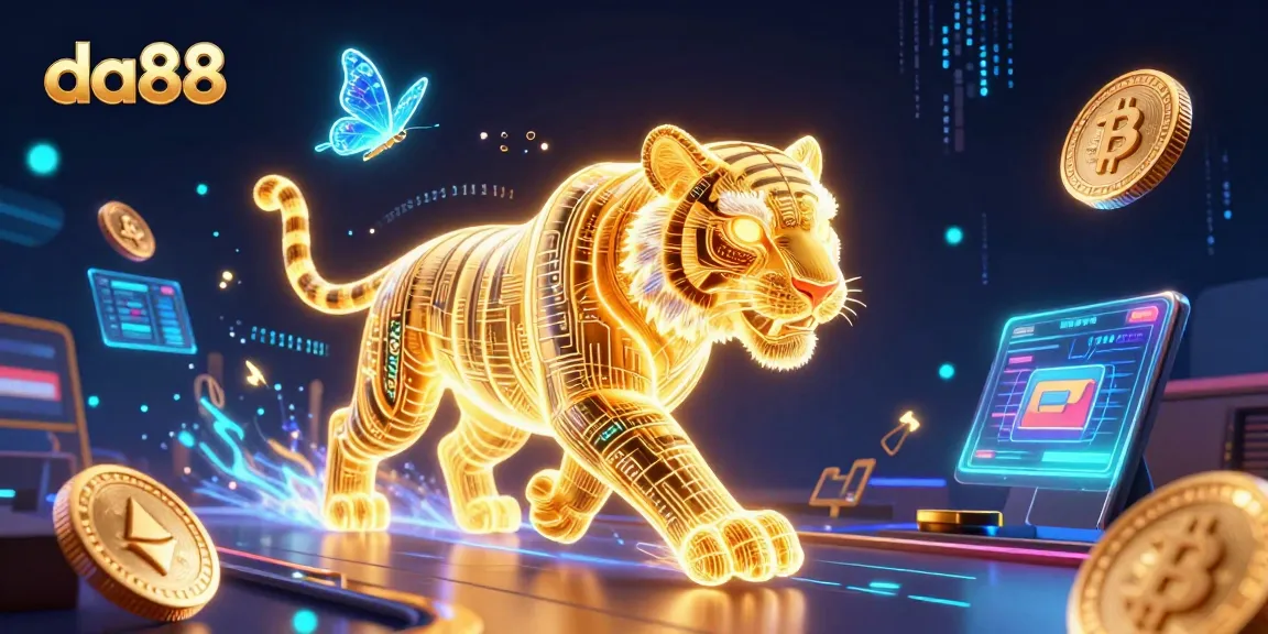 Engage with da88's vibrant digital casino landscape, featuring a golden tiger and crypto elements.